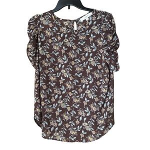 LOFT Floral Print Blouse Shirred Cinched Sleeves Brown Cream - Size L